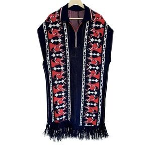 Unbranded Navy and Red Reindeer Knit Poncho Sweater OS
